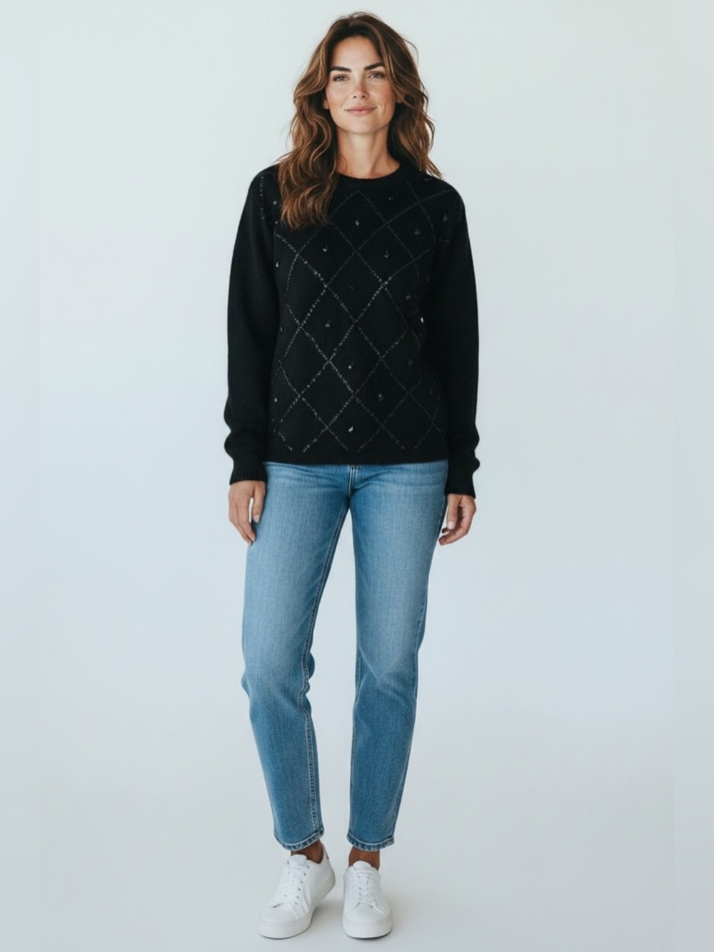 Vintage Le Chois Long Sleeve Silk Blend Bead Detail Sweater Black Size Medium